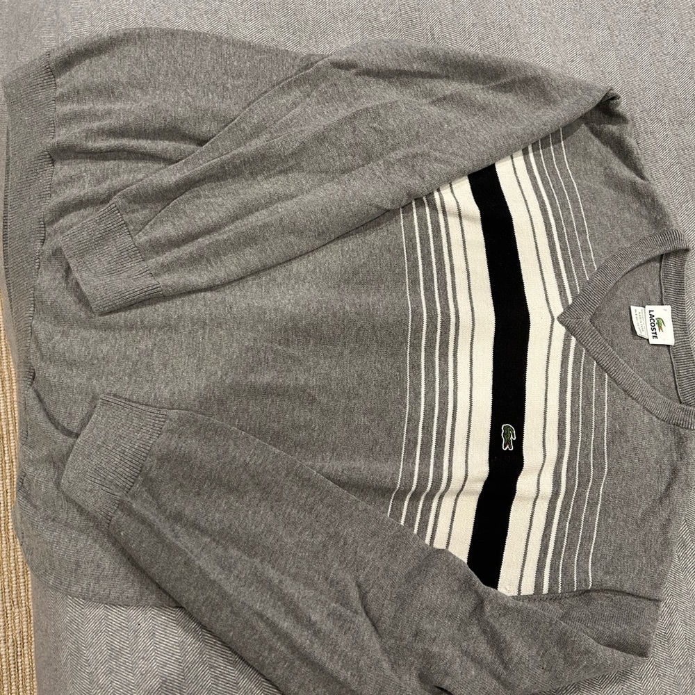 Lacoste Men's Crewneck Sweater in Gray with Black and White Stripes